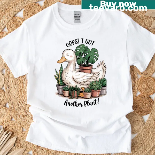 Funny duck graphic with plants and text on a t-shirt.