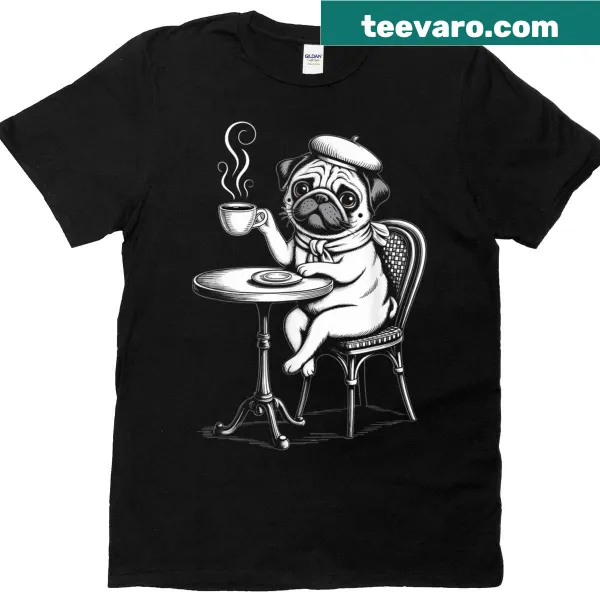 Cute t-shirt featuring illustration of a pug with coffee