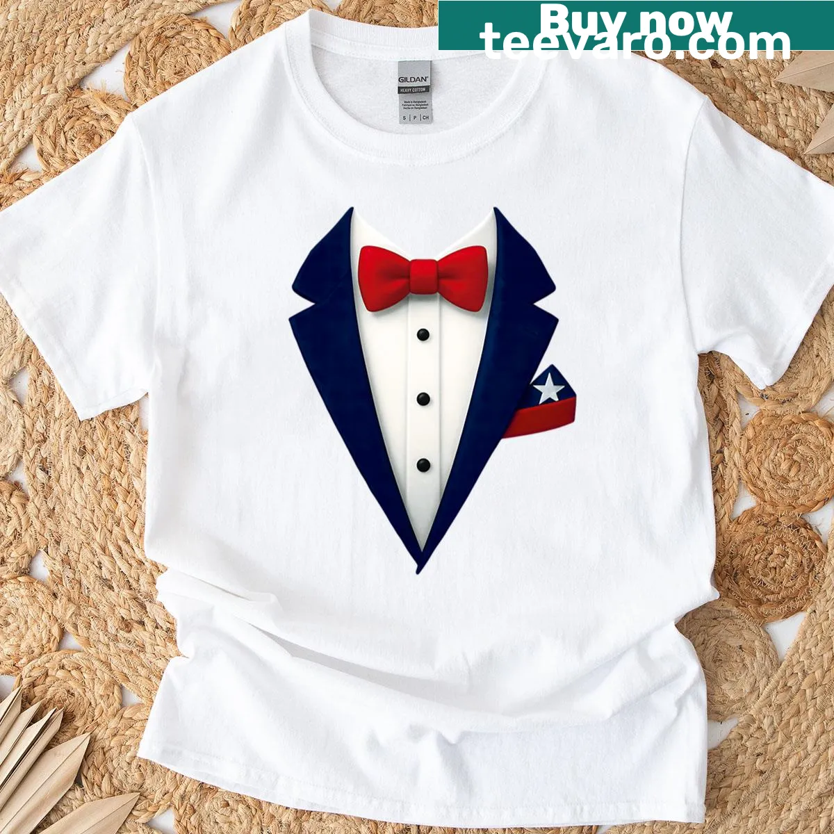 Cartoon American flag tuxedo design on T-shirt — on a men's t-shirt