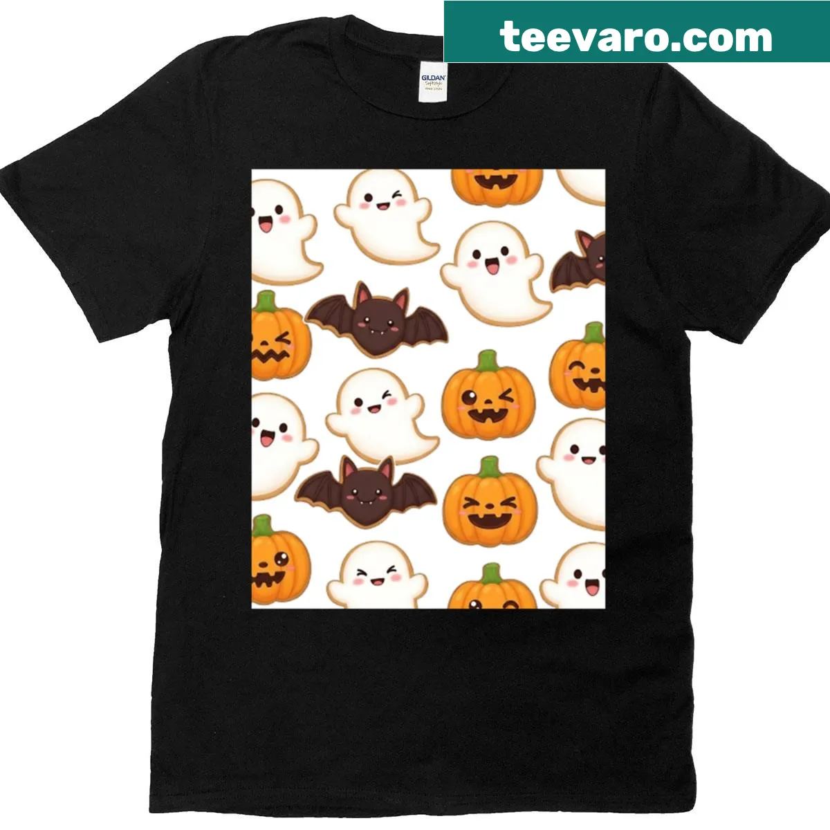 Cute Halloween-themed graphic t-shirt with festive illustrations — on a men's t-shirt