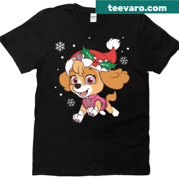 Paw Patrol T-shirt featuring Skye in a Christmas hat and snowflakes