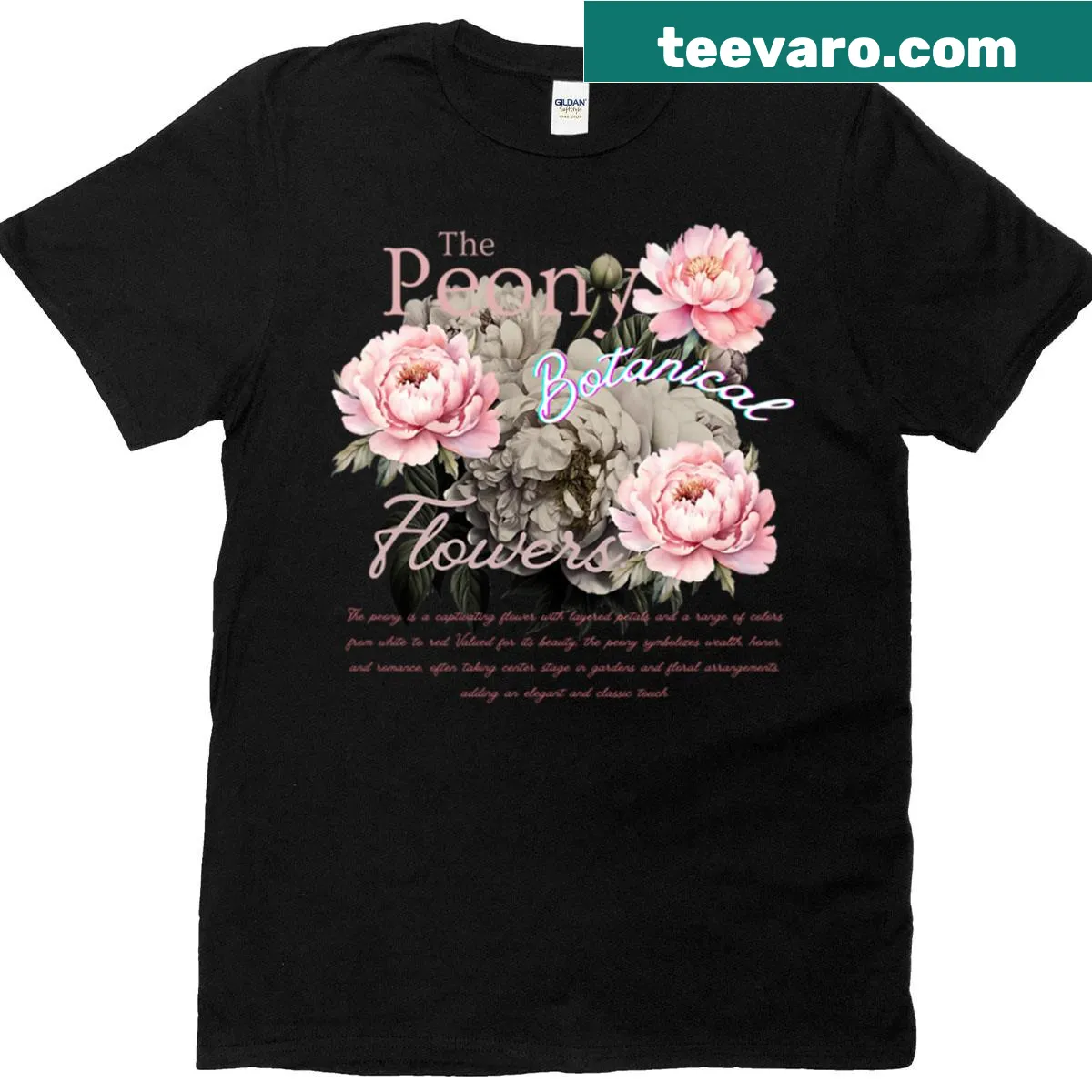 T-shirt featuring vintage botanical illustrations of peony flowers — on a men's t-shirt