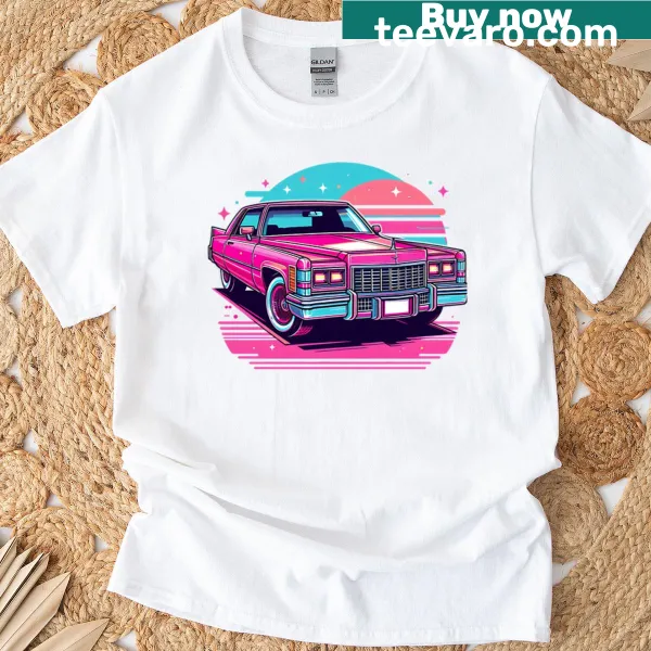 Retro Pink Cadillac design on boxy t-shirt