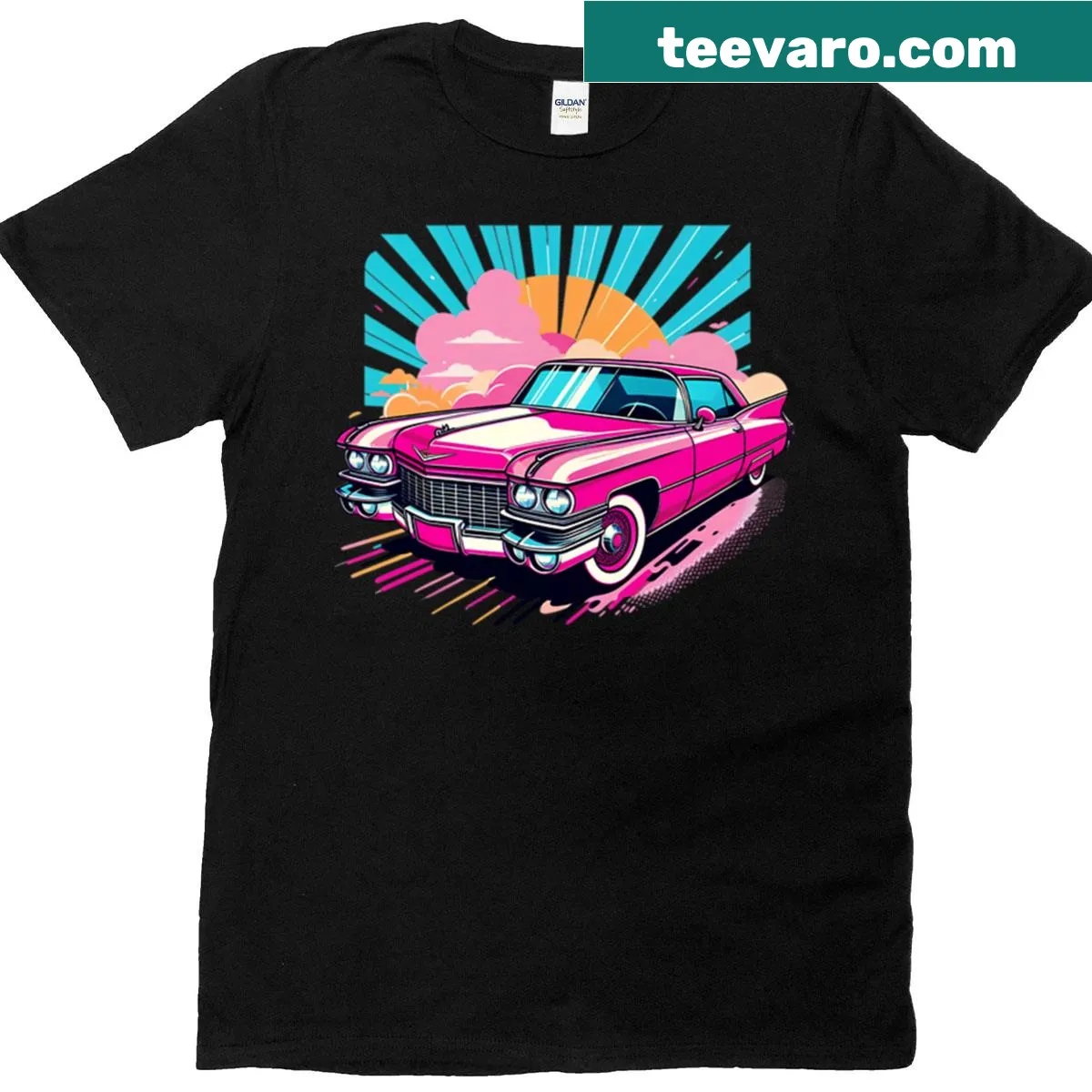 Illustration of a 1950s Pink Cadillac on a T-shirt — on a men's t-shirt