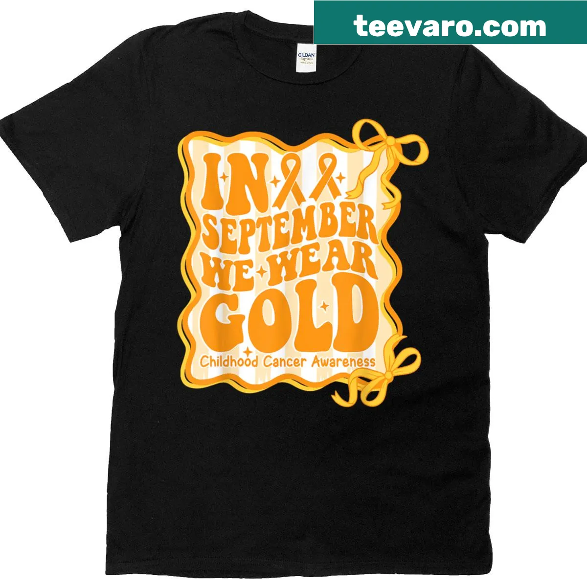 T-shirt promoting childhood cancer awareness with gold typography — on a men's t-shirt