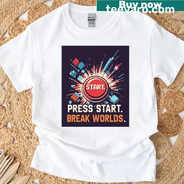 Retro gaming t-shirt with 'Press Start' and bold graphics