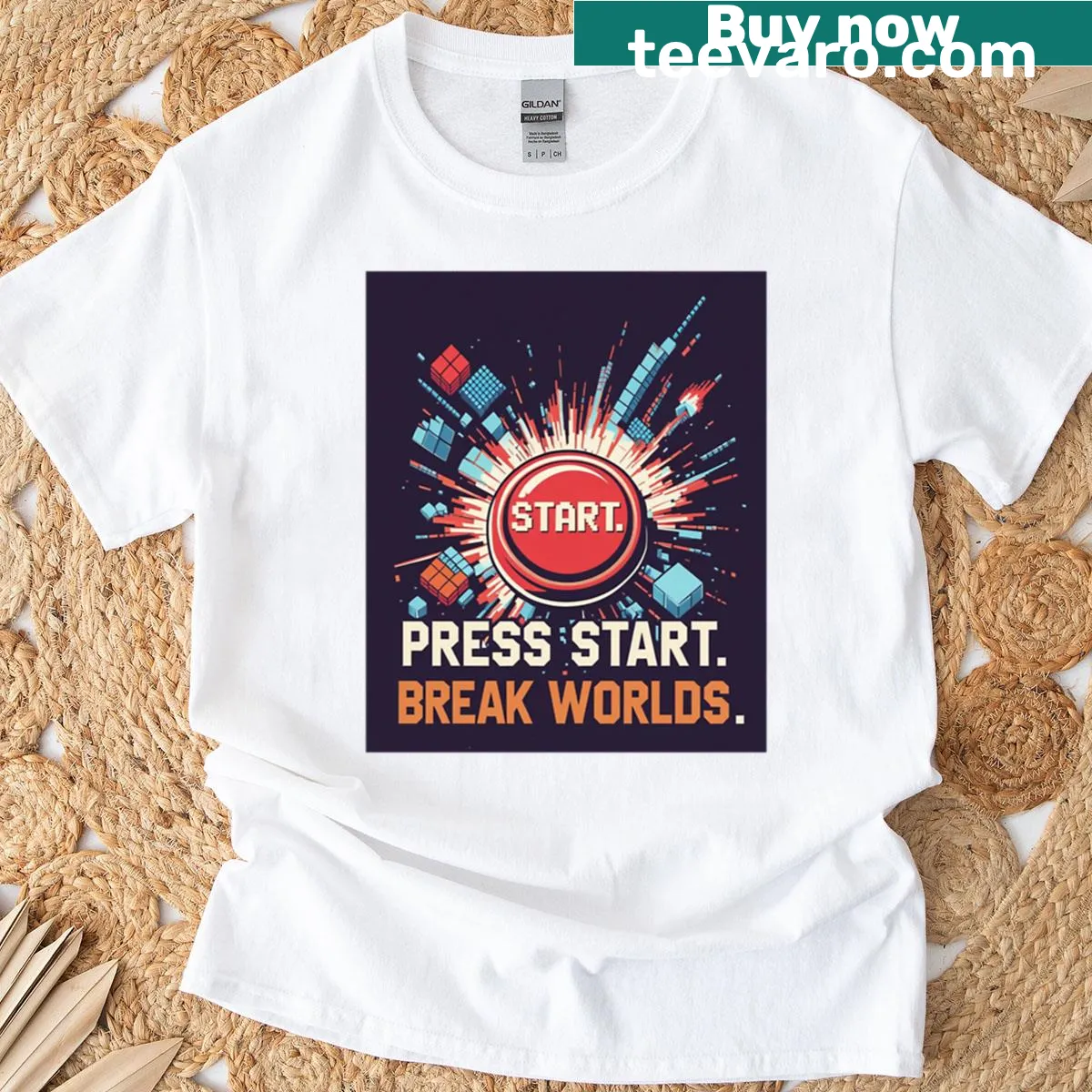 Retro gaming t-shirt with 'Press Start' and bold graphics — on a men's t-shirt