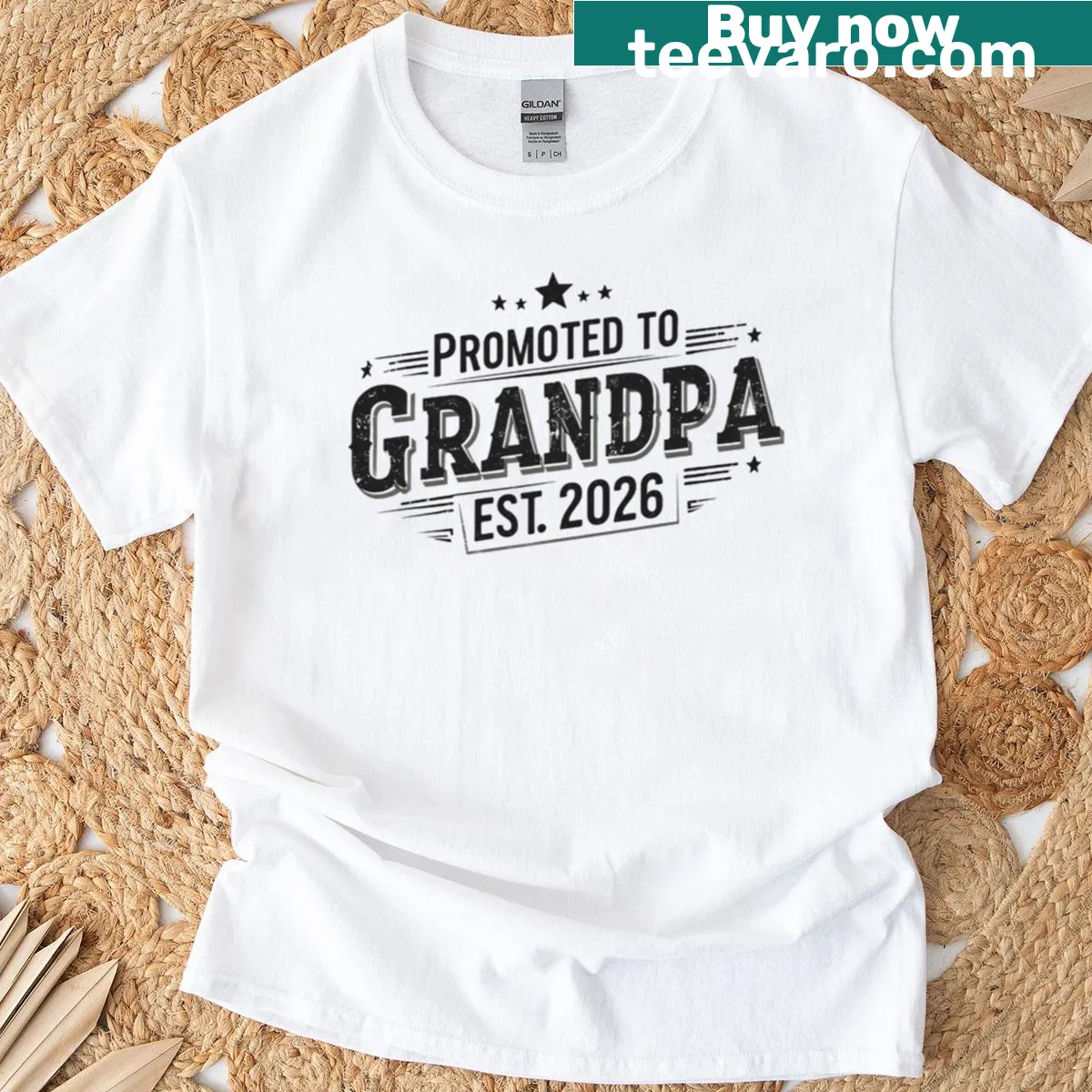 T-shirt with text 'Promoted To Grandpa Est 2026' in fun font — on a men's t-shirt