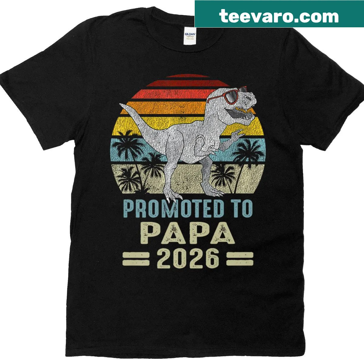 T-Rex graphic with 'Promoted To Papa 2026' text on T-shirt — on a men's t-shirt