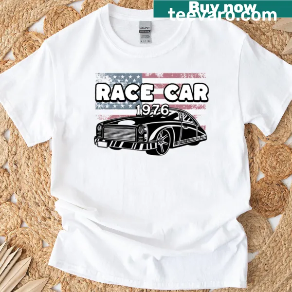 Vintage 1976 race car design with USA flag