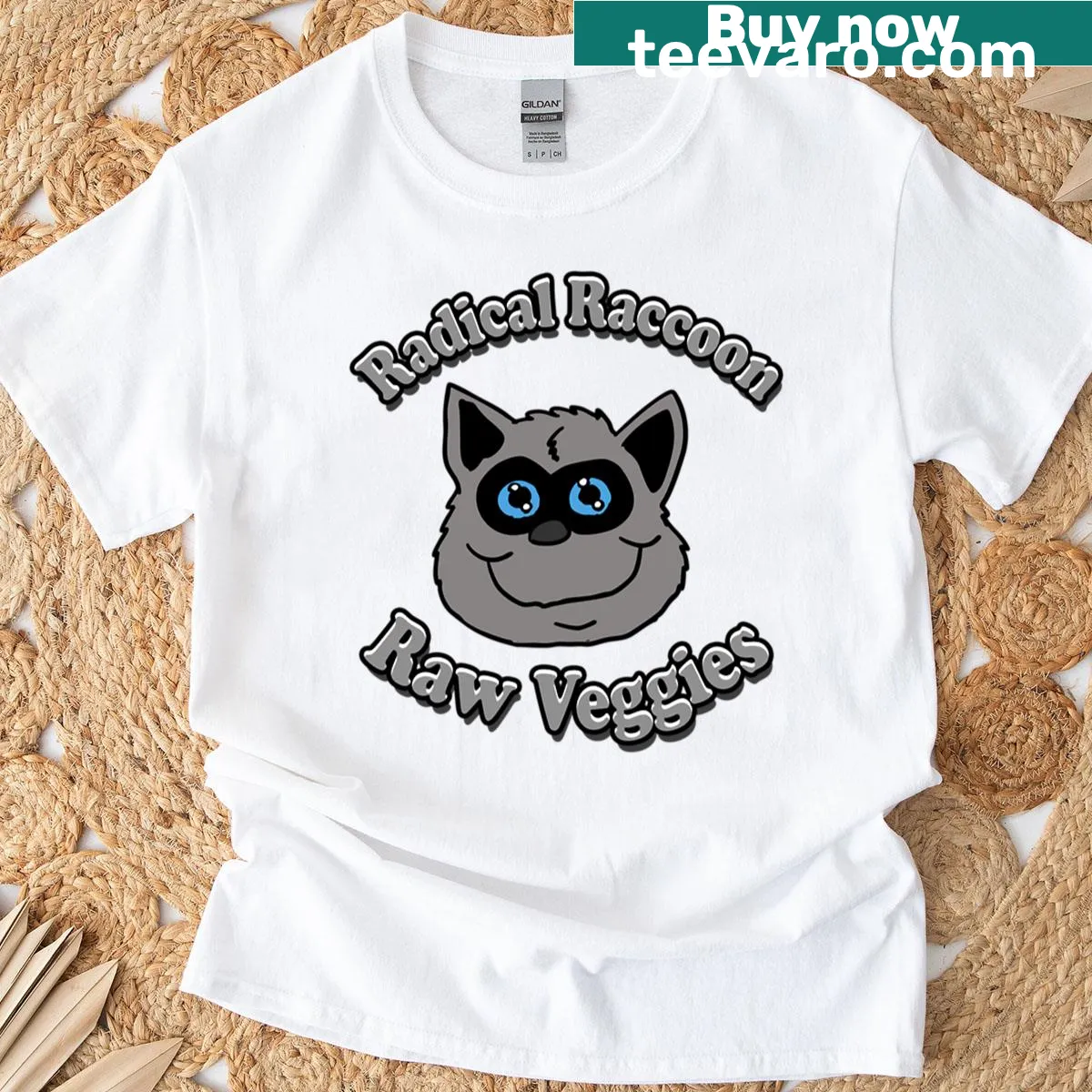 Cartoon raccoon with vegetables t-shirt — on a men's t-shirt