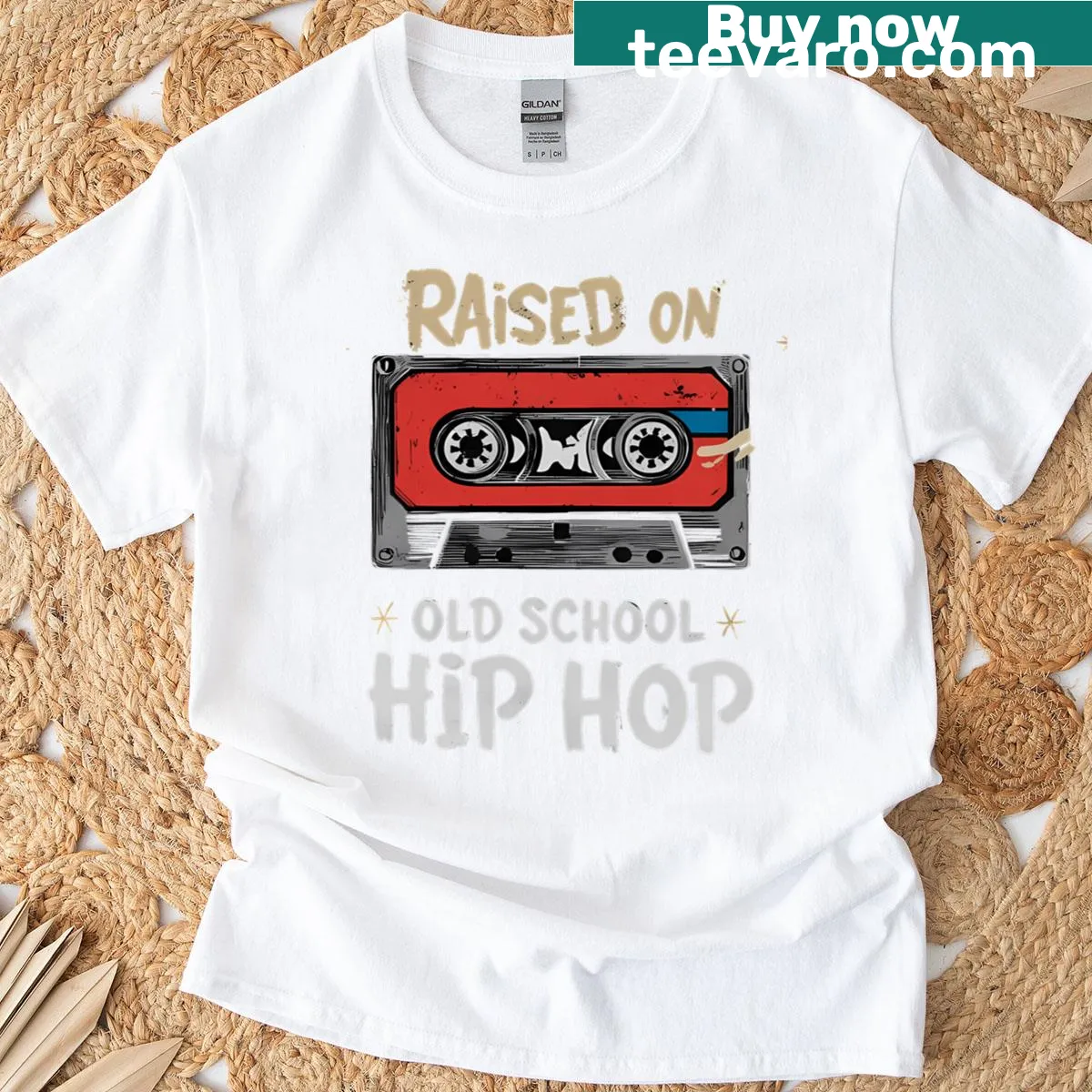 Hip hop themed t-shirt with cassette tapes and graffiti design — on a men's t-shirt