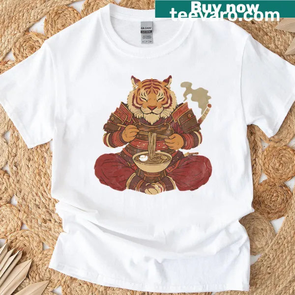 Cartoon tiger enjoying ramen noodles graphic