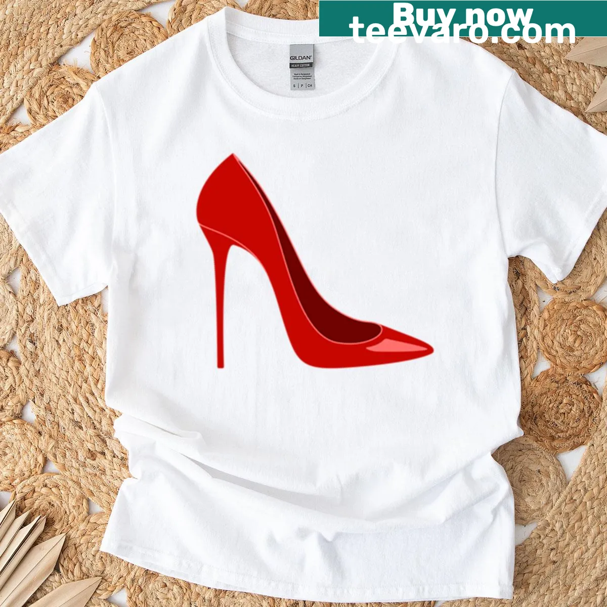 Illustration of a stylish red high heel shoe — on a men's t-shirt
