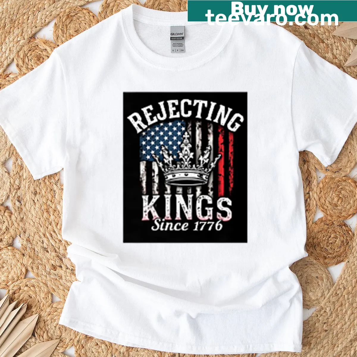 Vintage independence t-shirt with 'Rejecting Kings Since 1776' text — on a men's t-shirt