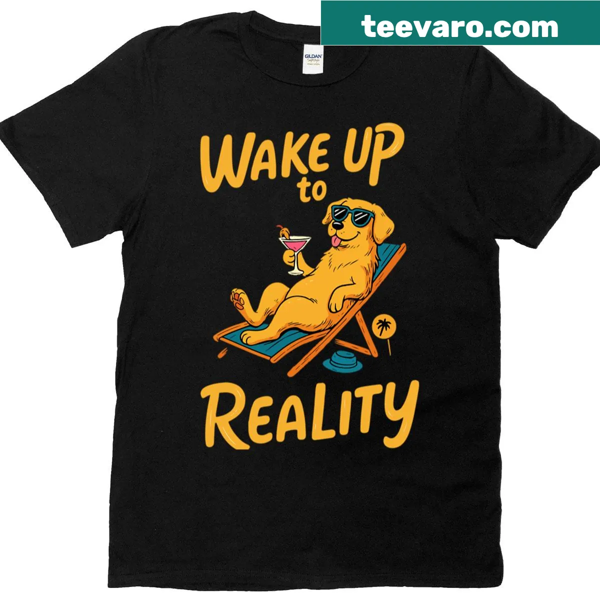 Playful t-shirt with relaxed dog and humorous text design — on a men's t-shirt