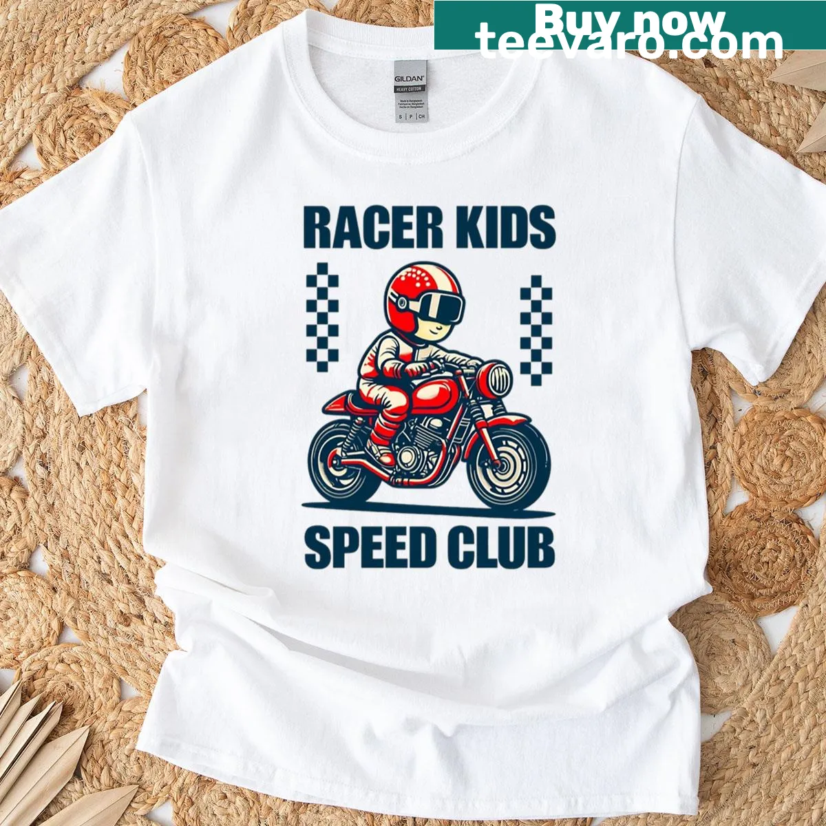 Cartoon racer on a motorcycle graphic on a T-shirt — on a men's t-shirt