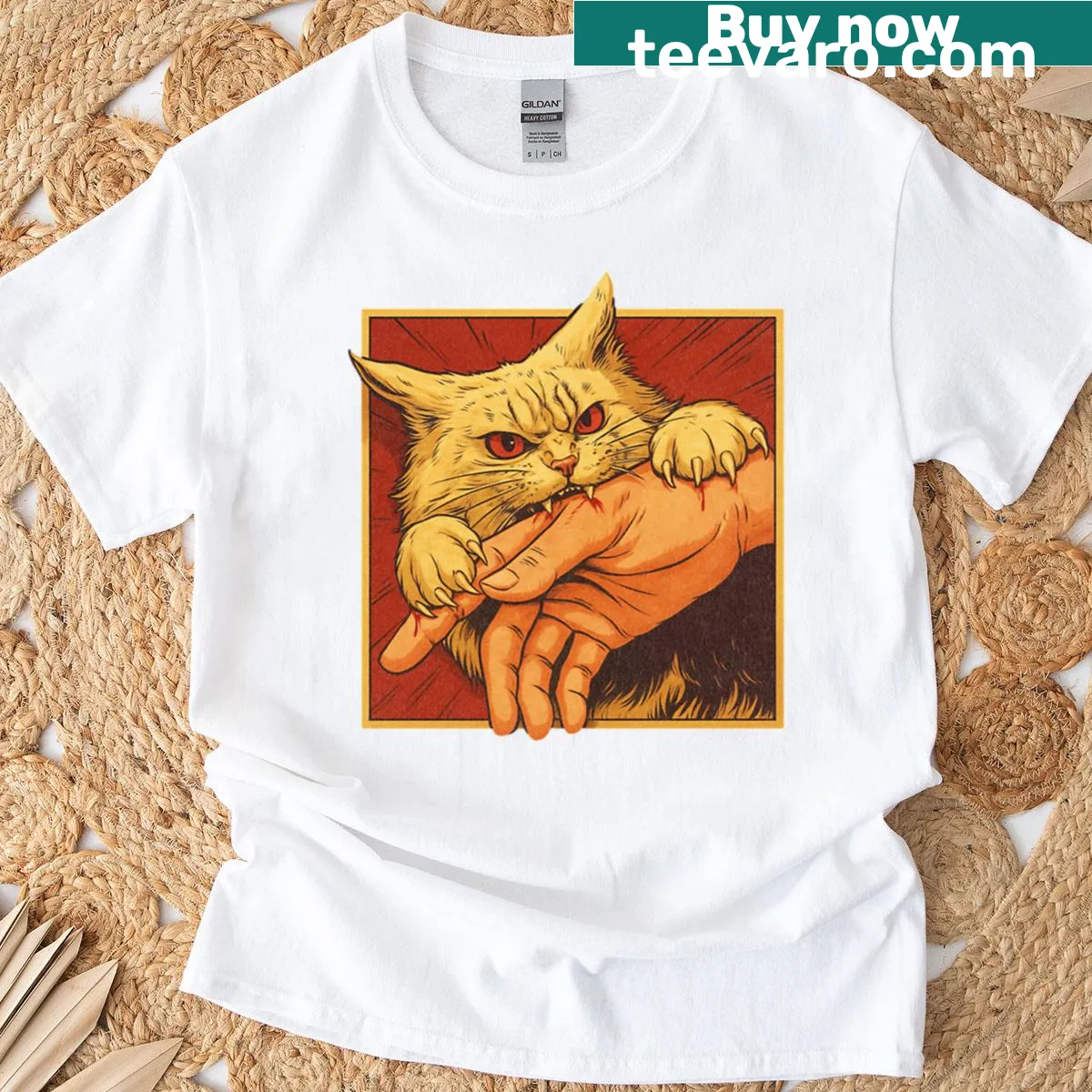 Retro T-shirt with playful cat illustration and 'Cat Bite' text — on a men's t-shirt