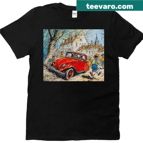 Vintage comic-style T-shirt featuring a red car graphic