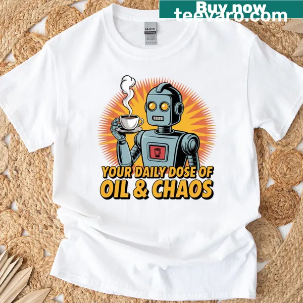 Retro robot illustration in a chaotic coffee scene on t-shirt