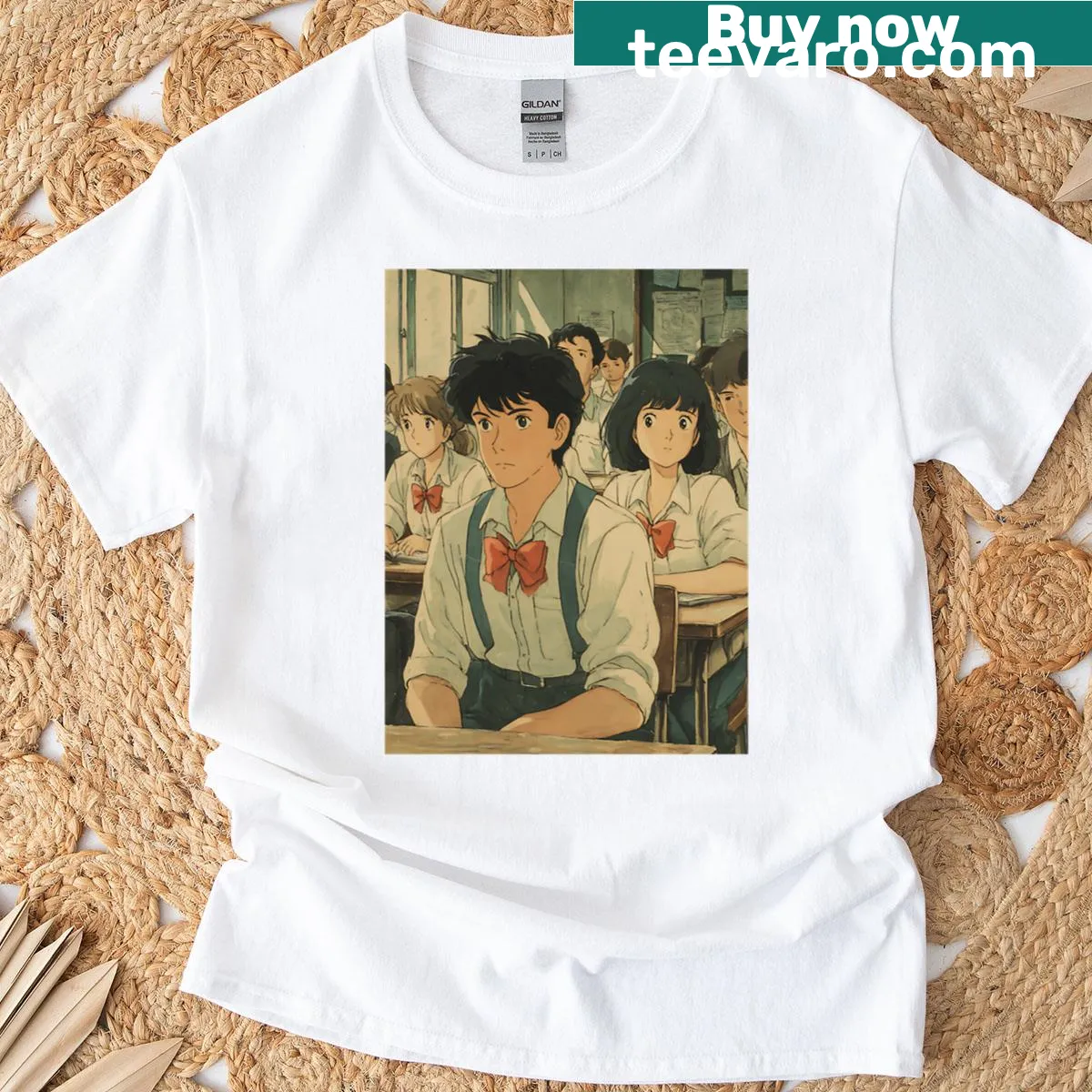 Retro school-themed anime t-shirt with nostalgic classroom imagery — on a men's t-shirt