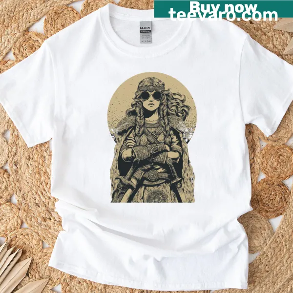 Illustrated retro Viking woman graphic on a women's T-shirt.