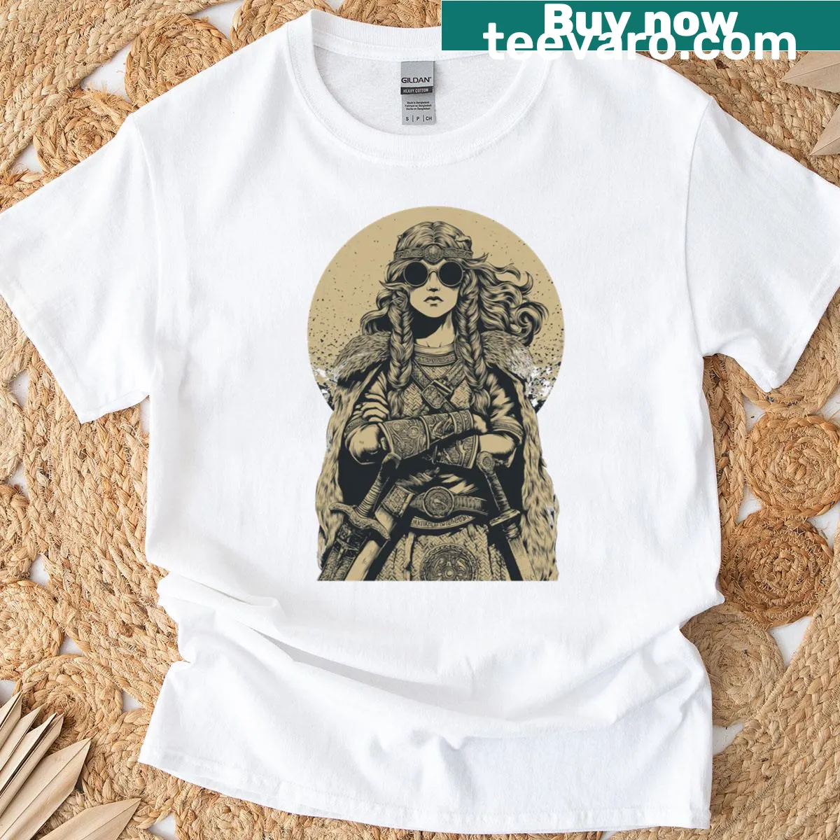 Illustrated retro Viking woman graphic on a women's T-shirt. — on a men's t-shirt