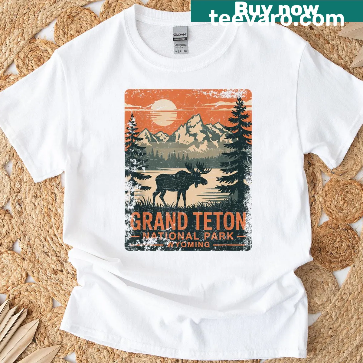 Vintage t-shirt depicting the Grand Teton National Park landscape — on a men's t-shirt