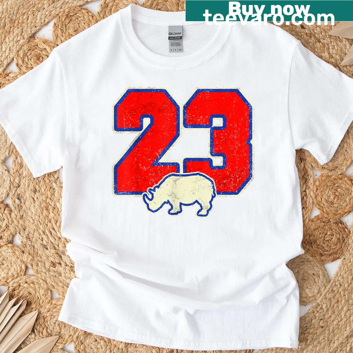 Rhino 23 Forever t-shirt with a conservation message in bold typography — on a men's t-shirt