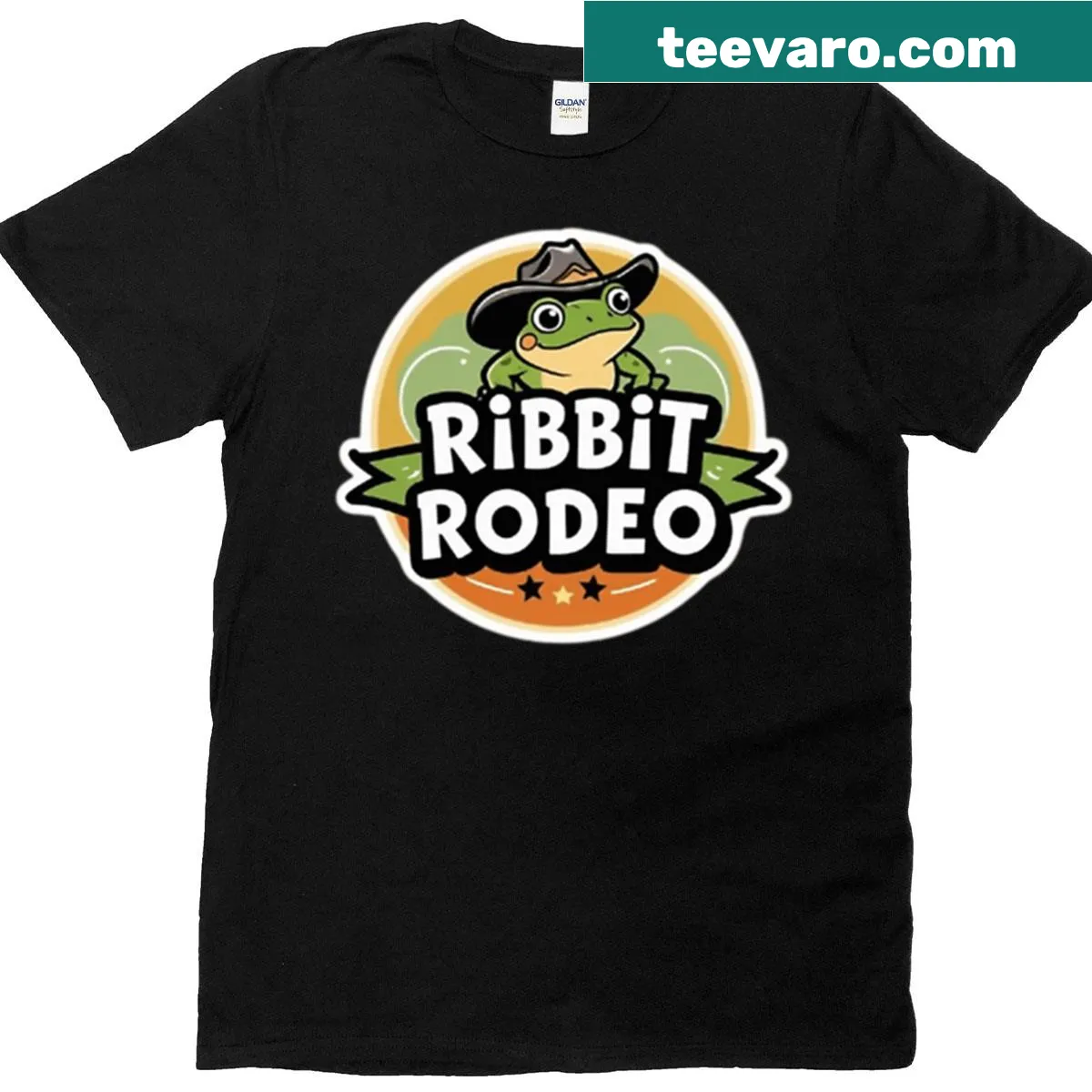 Illustration of frogs in a rodeo setting — on a men's t-shirt