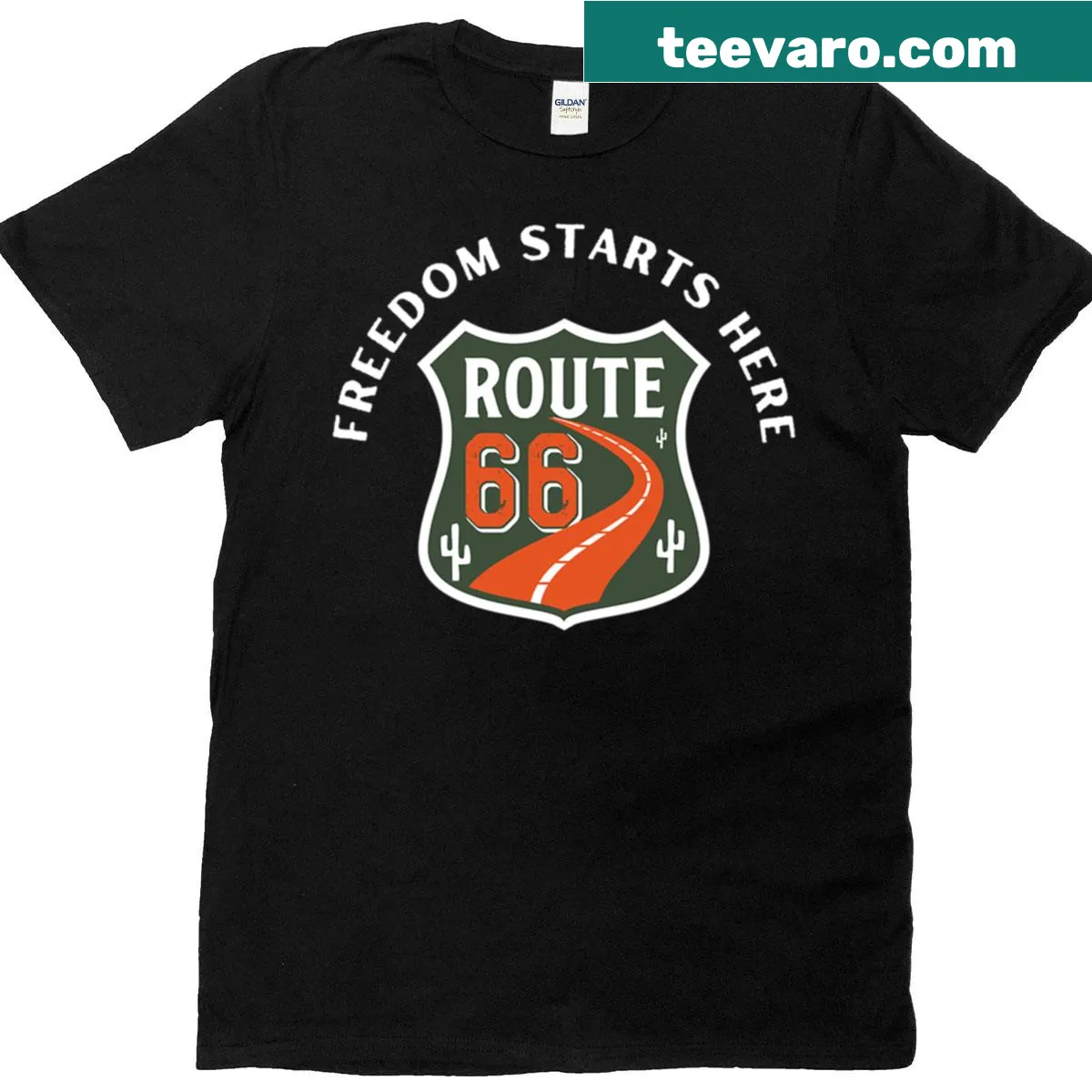 Vintage Route 66 T-shirt featuring iconic highway signage — on a men's t-shirt