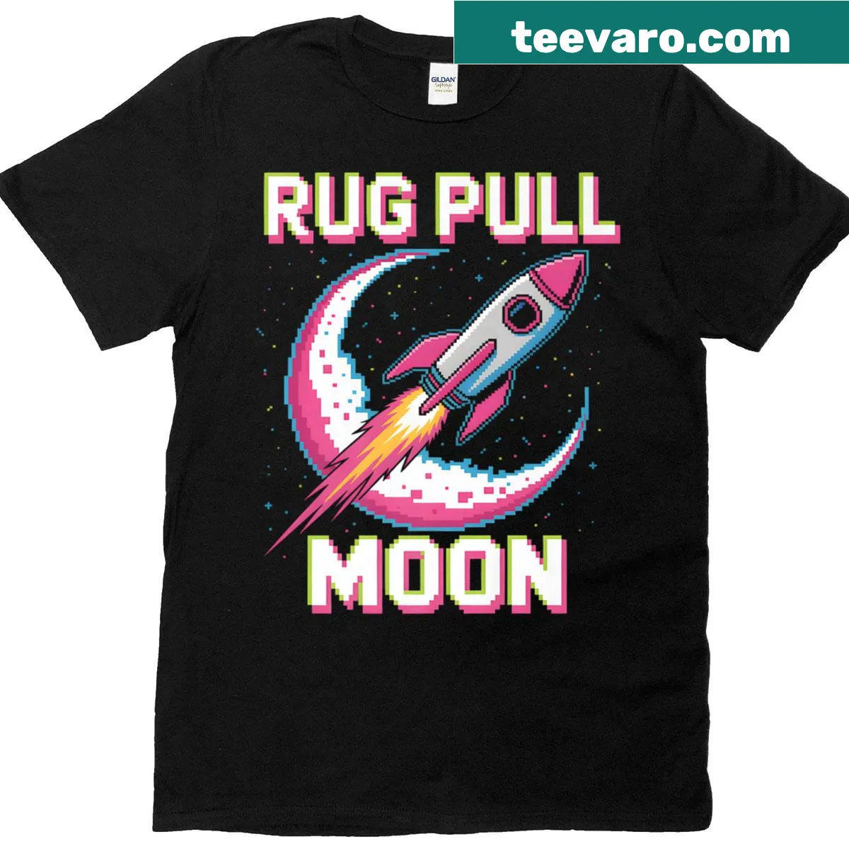 Pixel rocket graphic illustrating crypto theme — on a men's t-shirt