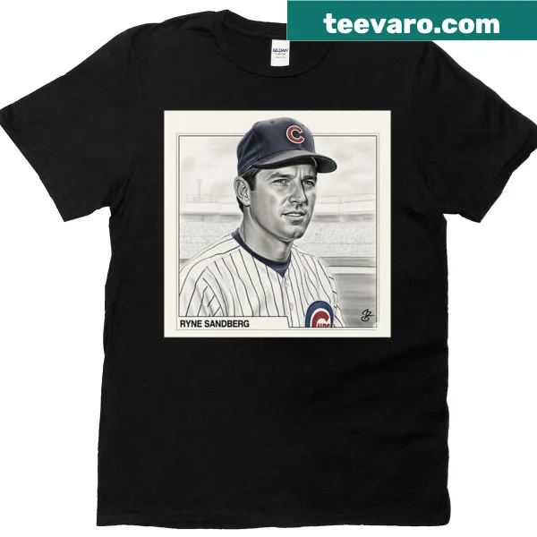 Graphic tee featuring Ryne Sandberg and Chicago Cubs theme.