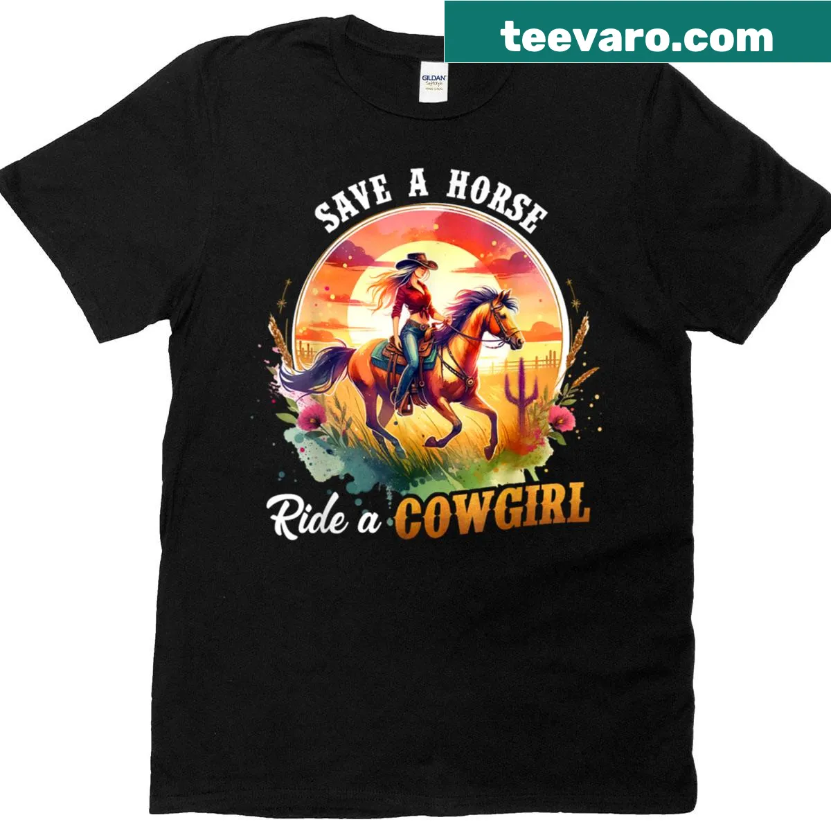 T-shirt with 'Save A Horse Ride A Cowgirl' graphic — on a men's t-shirt