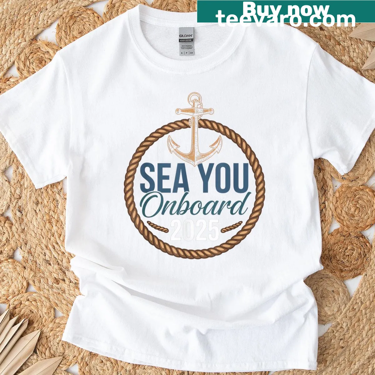 Family cruise t-shirt with playful 'Sea You Onboard' graphic — on a men's t-shirt
