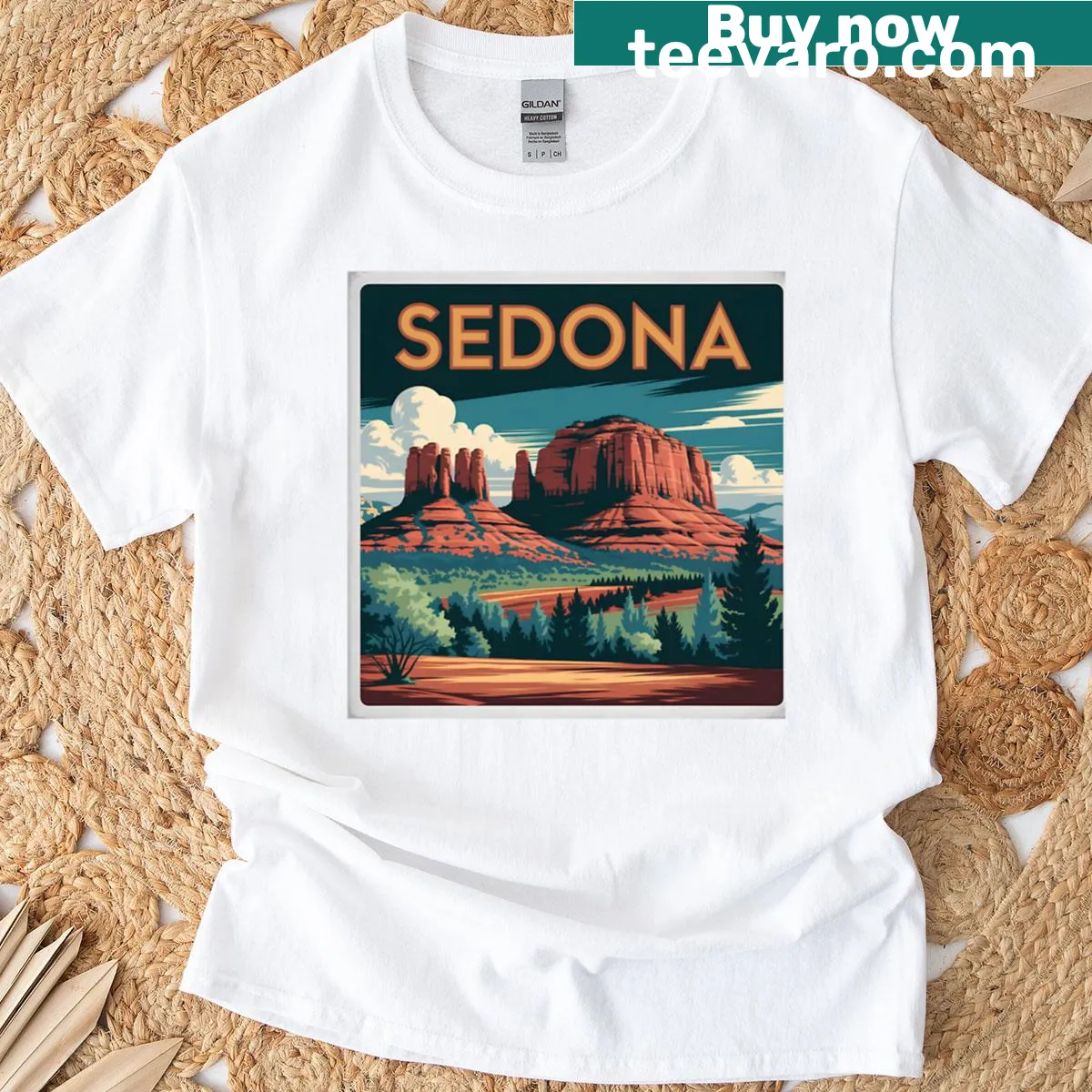 Travel poster graphic of Sedona, Arizona on a T-shirt. — on a men's t-shirt