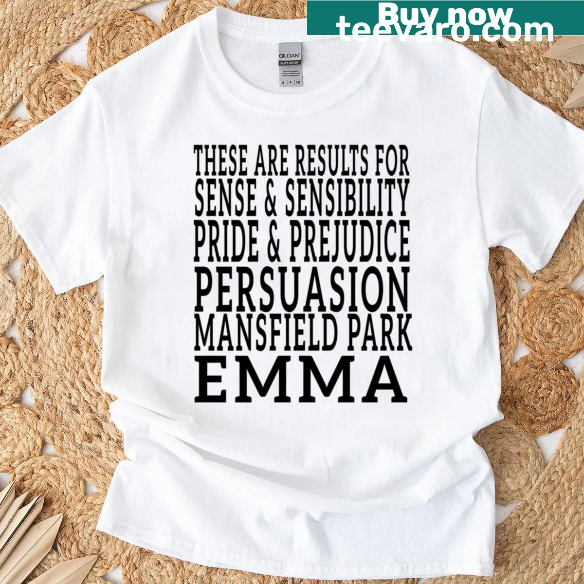 T-shirt featuring classic Jane Austen book titles in elegant typography. — on a men's t-shirt