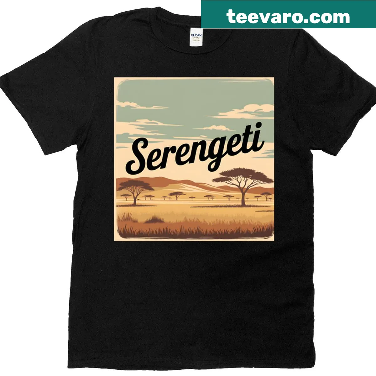 Oversized t-shirt featuring a Serengeti National Park travel poster — on a men's t-shirt