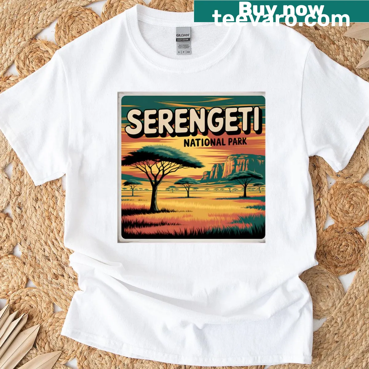 Serengeti National Park tribute t-shirt with travel poster design — on a men's t-shirt
