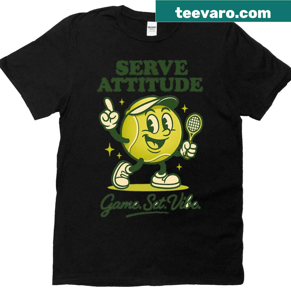 Vintage tennis ball character graphic t-shirt — on a men's t-shirt