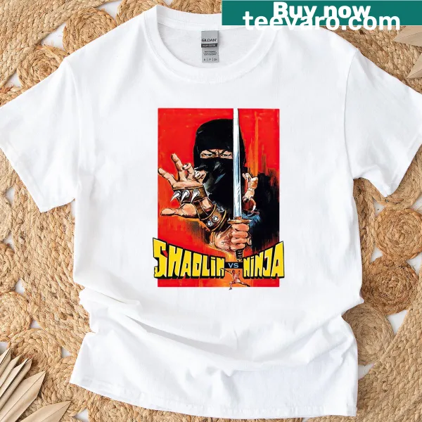 Retro-themed t-shirt with Shaolin fighters and ninja graphic