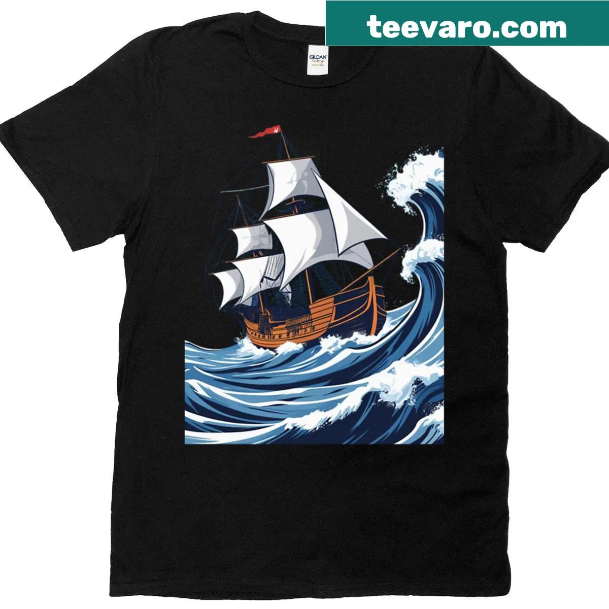 Nautical-themed oversized t-shirt with ship sailing on stormy seas — on a men's t-shirt