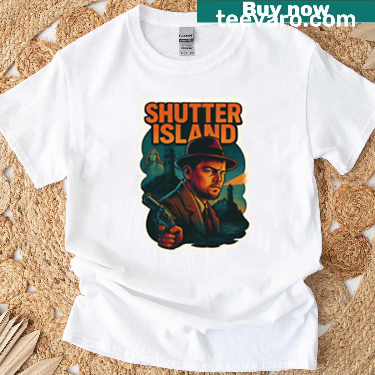 Lighthouse silhouette with film noir aesthetic for Shutter Island tee — on a men's t-shirt