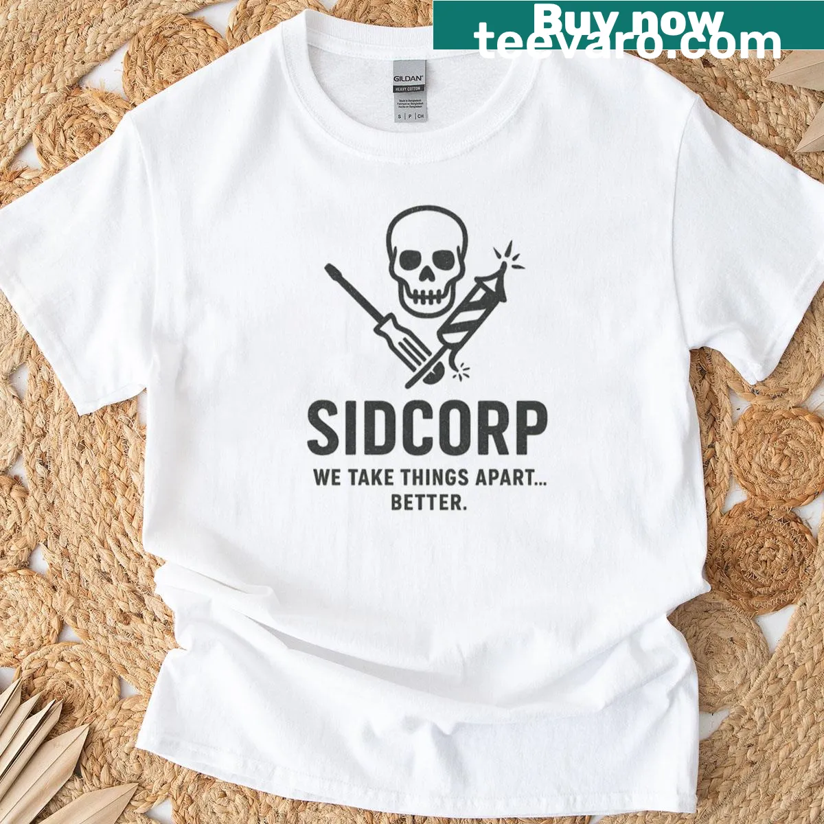 Cartoon design on a Sidcorp T-shirt inspired by Toy Story with a humorous slogan — on a men's t-shirt