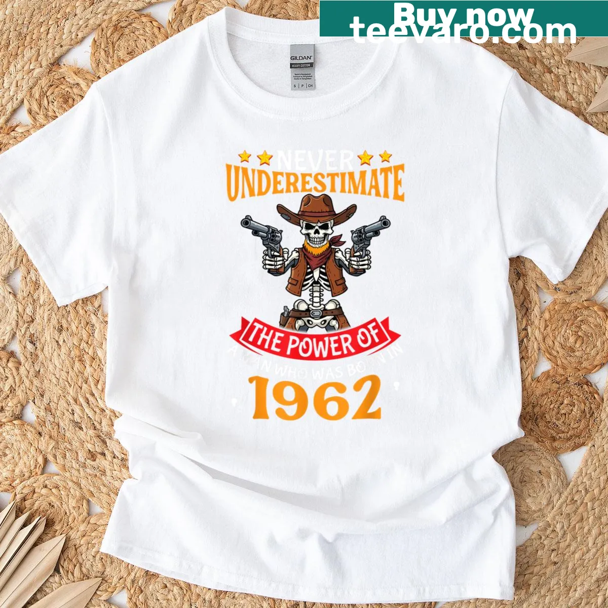 Vintage t-shirt featuring a whimsical skeleton cowboy graphic — on a men's t-shirt