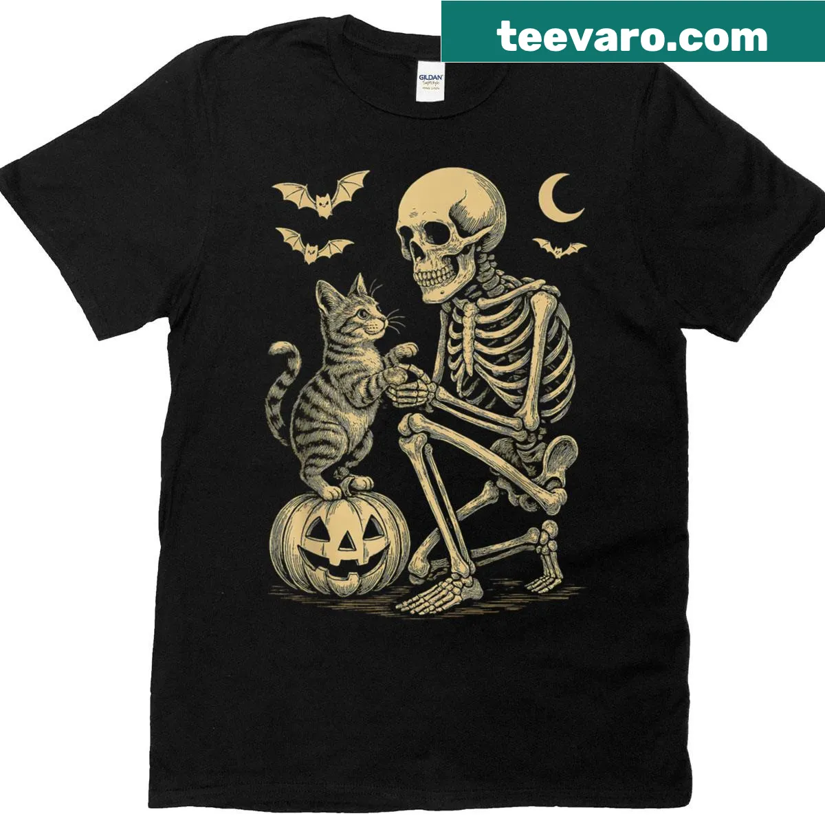 Skeleton hugging a cat graphic for Halloween — on a men's t-shirt
