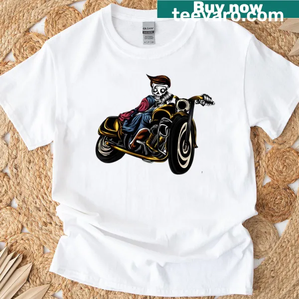 Oversized T-shirt with a graphic of a skeleton on a motorcycle.