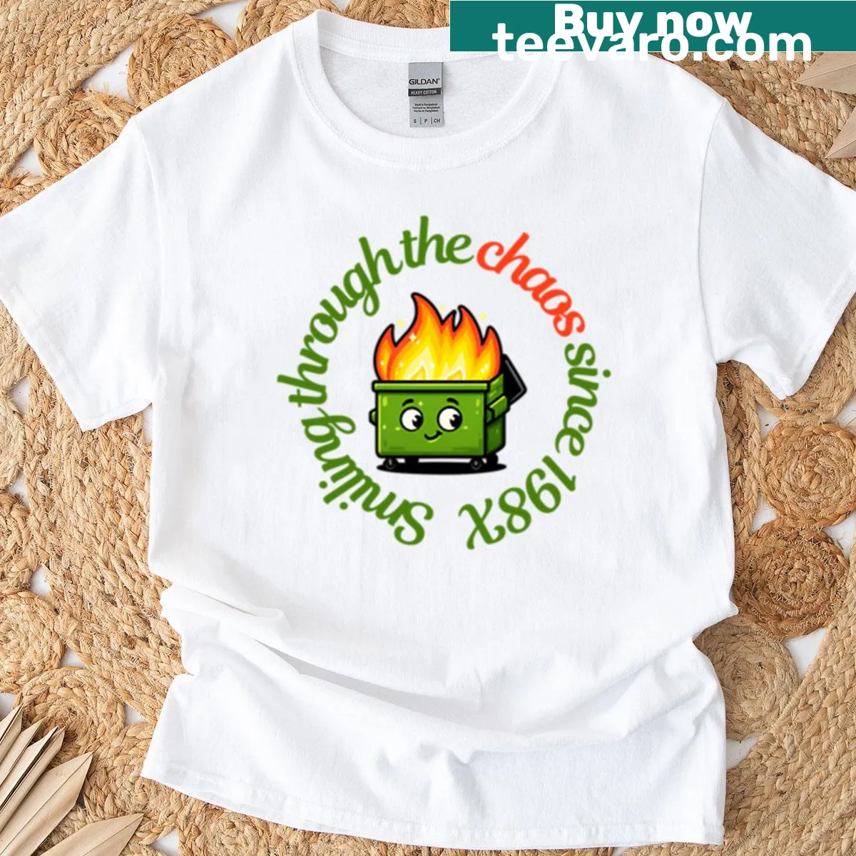 Humorous t-shirt featuring 'Smiling Through The Chaos Since 198x' — on a men's t-shirt