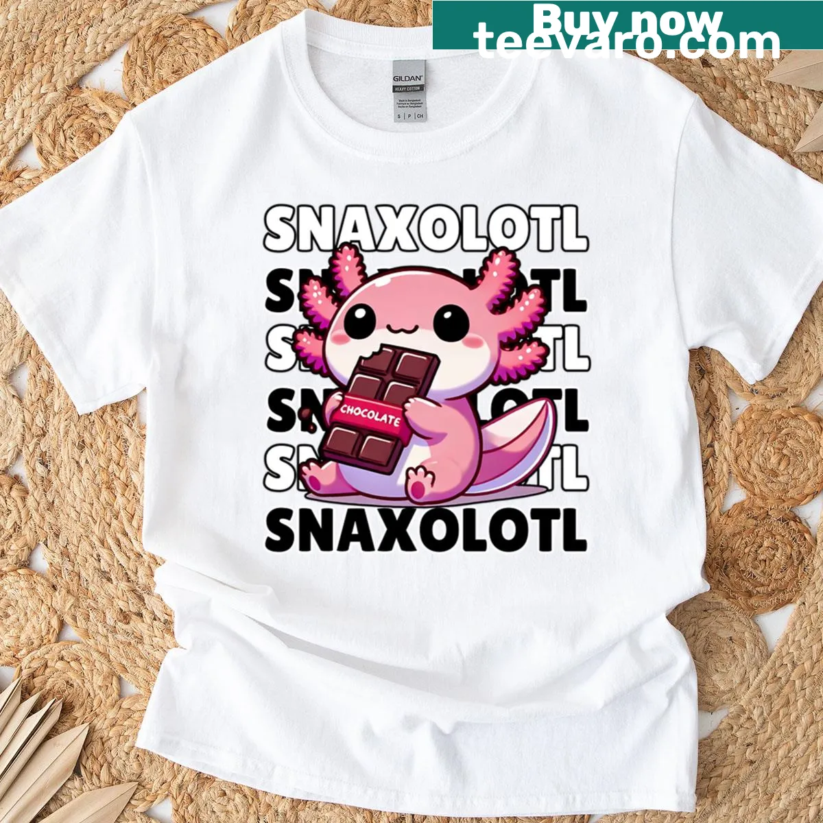 Cute axolotl eating chocolate graphic t-shirt with a text pattern — on a men's t-shirt