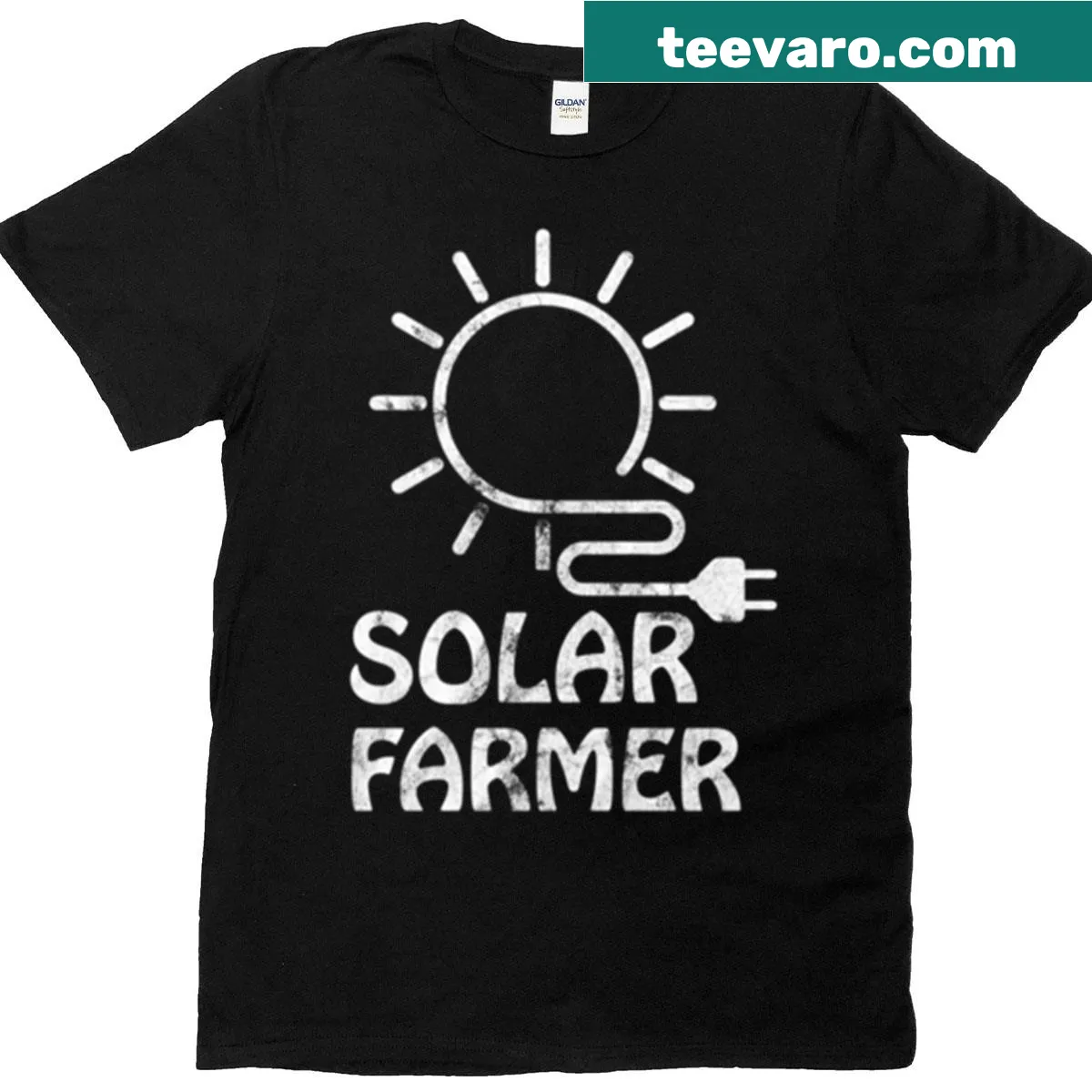 Funny Solar Farmer oversized t-shirt with renewable energy graphics — on a men's t-shirt